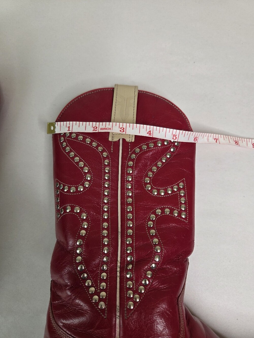 Frye VTG Red Leather Studded Cowboy Boots Beige Trim Silver Studs Western Sz 6.5 - Picture 15 of 16